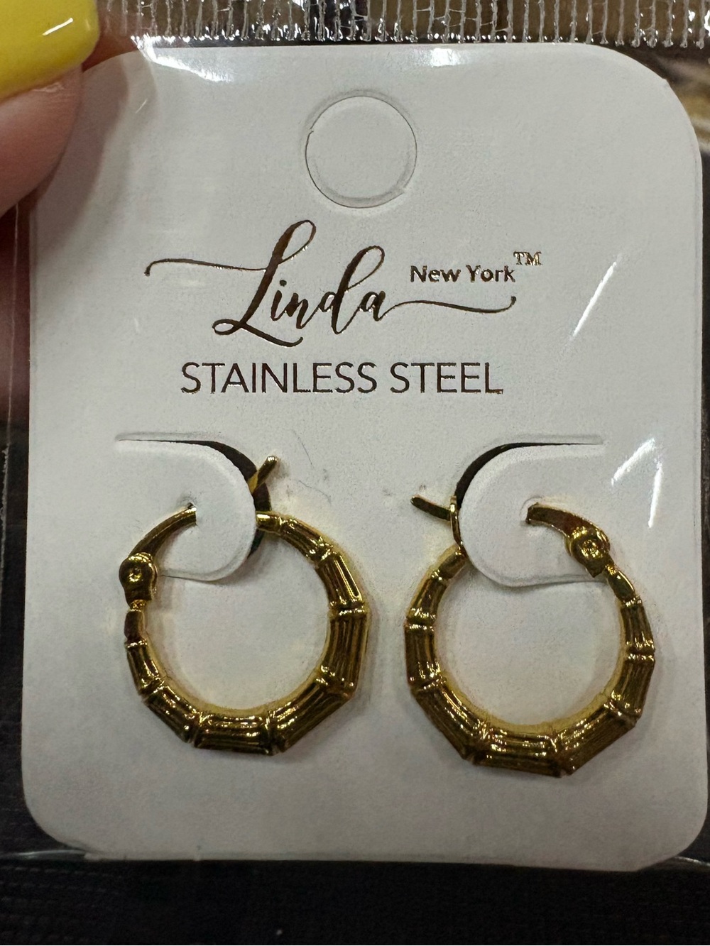 Linda New York Gold Bamboo Hoop Earrings NWT Stainless Steel Small Hoops Trendy
